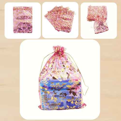 Vista 3 de Paquete de 100 bolsas de organza con cordón de 7 x 9 pulgadas, bolsa de regalo de joyería de organza con cordón para regalos de boda (flor fucsia)