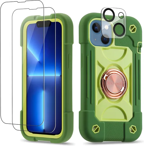Vista 28 de Funda para iPhone 11 de 6.1 pulgadas con soporte de anillo, con 2 protectores de pantalla de vidrio, resistente a los golpes, resistente a