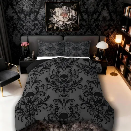 Vista 13 de Erosebridal Juego de ropa de cama damascada gótica para adultos, juego de edredón victoriano antiguo, edredón floral vintage gótico con diseño