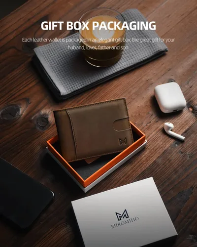 Vista 3 de MIROMIHO Cartera delgada de cuero genuino para hombres minimalista plegable bloqueo RFID con caja de regalo, café de caballo loco TQB01, Minimalista