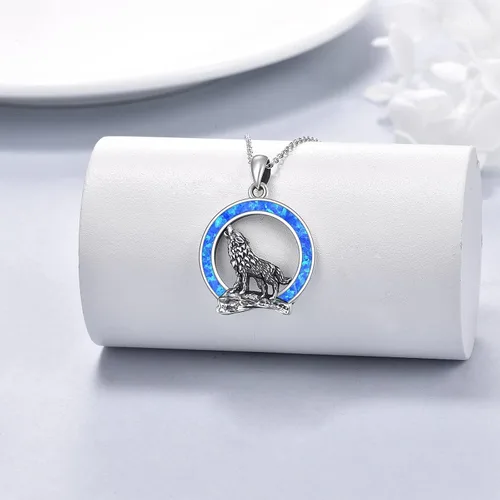 Vista 2 de YFN Collar de lobo, regalo para hombres y mujeres, plata de ley, ópalo y luna lobo, joyería de cumpleaños para amantes del lobo, 18+2 pulgadas