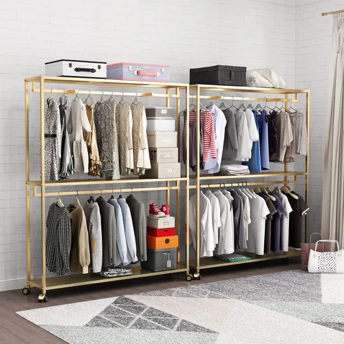 Vista 8 de TIEOU Estantes de ropa dorados modernos independientes, estante de ropa dorado con estantes para boutiques, estante de ropa resistente para colgar
