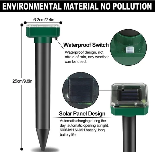 Vista 4 de Repelente de topos alimentado por energía solar para exteriores, repelente ultrasónico para césped y jardín, repelente de serpientes de marmota