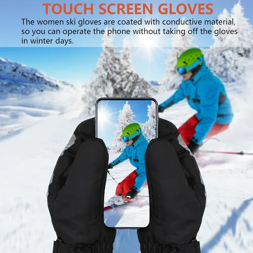Vista 4 de DONBAO Guantes de esquí de invierno para hombres y mujeres, guantes de nieve impermeables para pantalla táctil, antideslizantes, cálidos