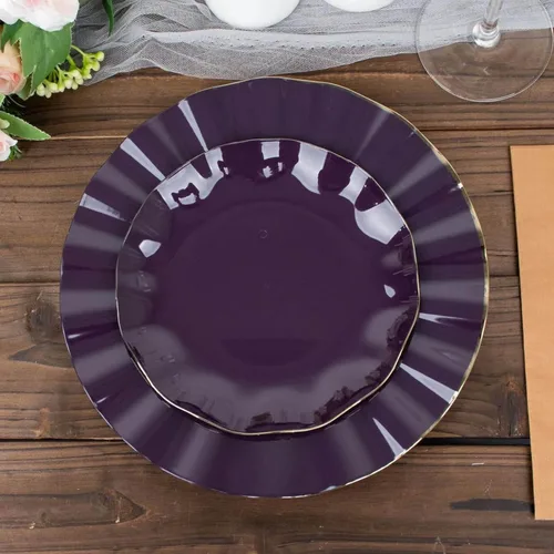 Vista 34 de Efavormart 10 Pack Platos redondos de plástico negro de 6" para postre y ensalada, platos desechables para aperitivos con borde ondulado dorado