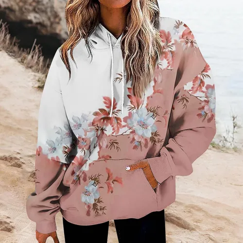 Vista 3 de Sudaderas con capucha para mujer, con estampado floral, de gran tamaño, manga larga, cordón para bolsillo