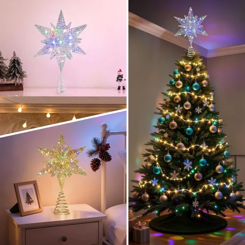 Vista 7 de Lewondr - Estrella para punta de árbol de Navidad, alimentación USB, control remoto, diseño hexagonal multicapa de 11 pulgadas, 8 modos de luz