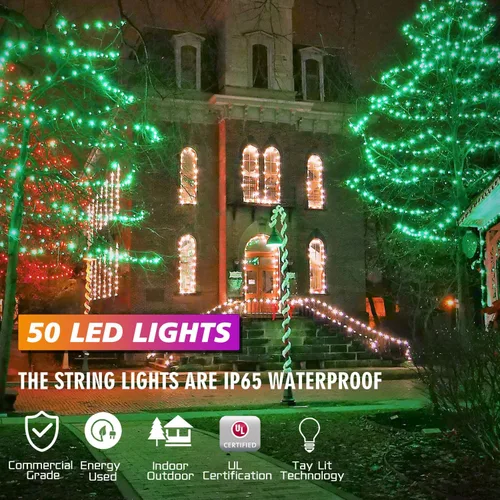 Vista 2 de Luces LED de Navidad Verdes de 25 pies 50 Unidades - Grado Comercial para Exteriores Impermeables, Cable Verde de Ángulo Amplio, Luces para Árbol
