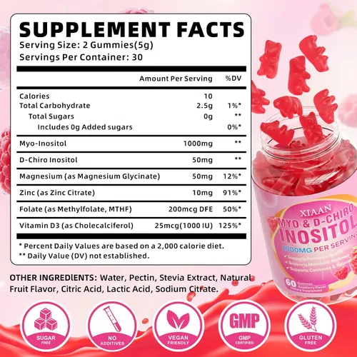 Vista 2 de Gomitas de suplemento de inositol para mujer, sabor a frambuesa, 120