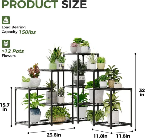 Vista 2 de Bamworld Soporte de esquina para plantas de interior, estante de metal para plantas de 5 niveles, 11 estantes de flores en maceta, estante negro