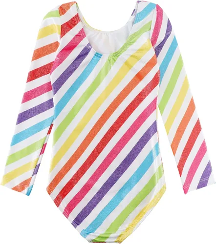 Vista 7 de HOZIY - Leotardos de manga larga para niñas, de gimnasia, para niños pequeños, trajes florales de unicornio, galaxia, arco iris, patrón de rayas