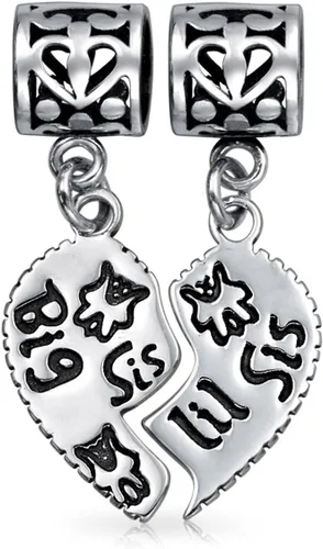 Vista 2 de Pulsera europea personalizada BFF SIS Little SIS de 2 piezas con dije de cuentas de corazón dividido para adolescentes, de plata de ley, Metal