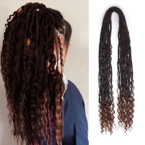 Vista 35 de Extensiones de rastas trenzadas bohemias de 24 pulgadas, 10 hebras de rastas sintéticas rizadas color marrón degradado con trenza de caja, rastas