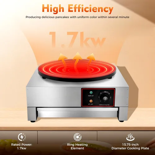 Vista 4 de Máquina eléctrica de crepé, máquina antiadherente de 16 pulgadas y 1700 W, plancha de crepes de placa plana comercial con luces indicadoras LED