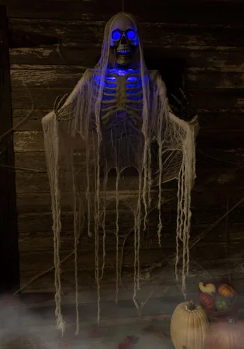 Vista 2 de Esqueleto Colgante Embrujado con Ojos Azules Iluminados Decoración de Halloween Multicolor