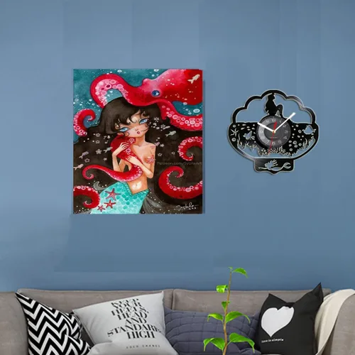 Vista 5 de Generic Reloj de pared con diseño de sirena, disco de vinilo vintage de 12 pulgadas, negro, analógico, movimiento de cuarzo, adecuado