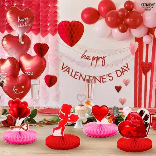 Vista 5 de KatchOn Centros de mesa rojos de San Valentín para mesas, paquete de 9 Centro de mesa de panal de San Valentín 3D, decoraciones de mesa