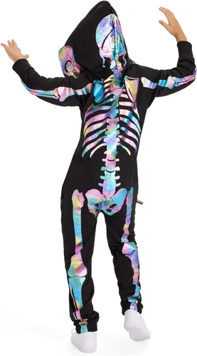 Vista 4 de Tipsy Elves Disfraz de esqueleto de Halloween para niños, overol unisex con Esqueleto iridiscente