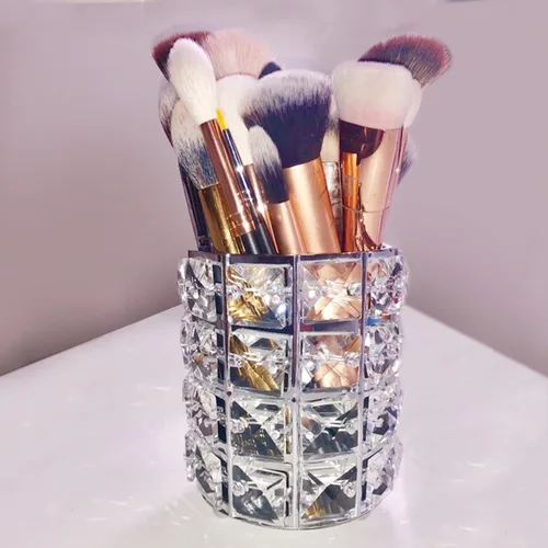 Vista 3 de LUGUNU - Organizador para brochas de maquillaje con brillo de cristal dorado personalizado, con peine de oro, caja de almacenamiento para bolígrafos