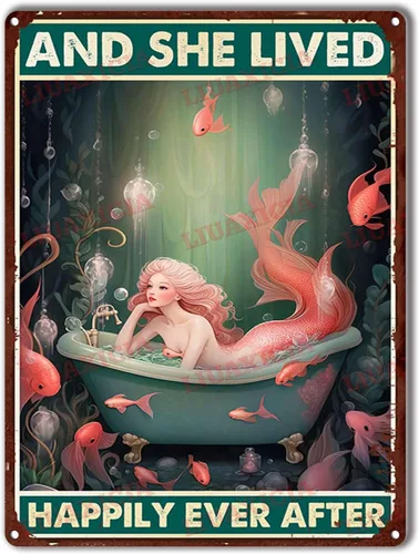 Vista 15 de LIUAXICIA Letrero de lata retro con diseño de sirena y ella vivió feliz para siempre, para decoración del hogar, 8 x 12 pulgadas, pintura de lata