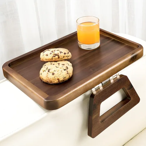 Vista 9 de Tinamo Mesa de brazo de acacia de 13.75 x 9.5 pulgadas, bandeja de brazo de sofá de madera, mesa de reposabrazos para sofá, bandeja de reposabrazos