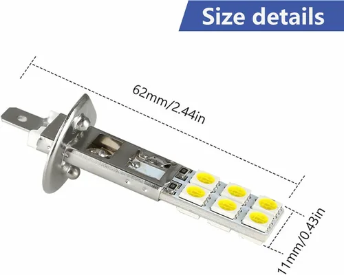 Vista 2 de 4 lámparas antiniebla LED H1 para automóvil, 2.4 pulgadas x 0.4 pulgadas, metal súper brillante 12SMD-5050 chip Plug and Play, bombillas LED de haz