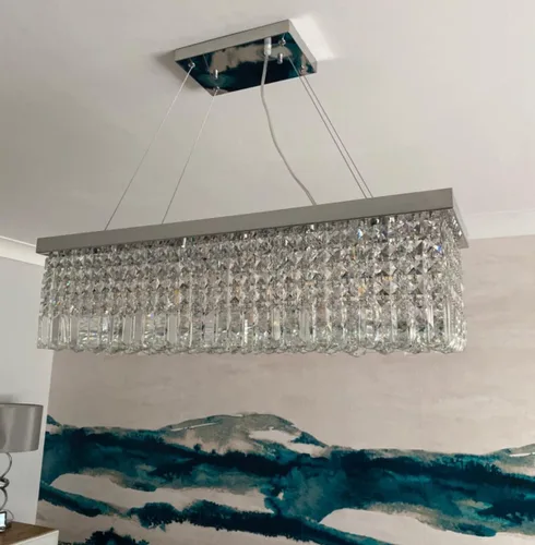 Vista 6 de Dst Lámpara de araña moderna de cristal, elegante lámpara de techo rectangular de lujo, lámpara colgante cromada de montaje empotrado para comedor