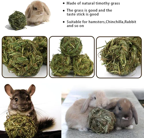 Vista 4 de PINVNBY 2 bolas de heno Timothy de conejo, juguetes naturales para masticar, bola de hierba, dientes de animales pequeños, bola de juego tejida