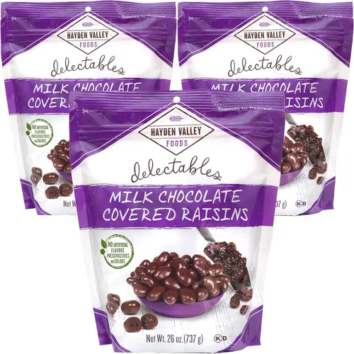 Vista 8 de Hayden Valley Foods Pasas cubiertas de chocolate con leche, bolsa resellable de 26 onzas, sin sabores, conservantes ni colores artificiales