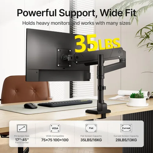 Vista 3 de monTEK - Brazo de monitor individual alto para pantalla curva de 17 a 45 pulgadas, brazo de monitor ultra ancho ajustable mejorado de alta