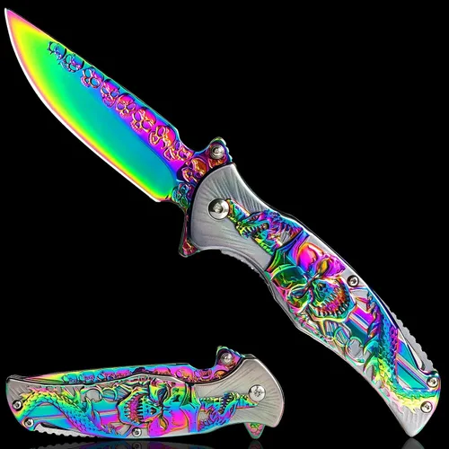 Vista 7 de Navaja de bolsillo de cráneo, cuchillo plegable de bolsillo fresco, cuchillo EDC de calavera en relieve 3D para hombres, festival, regalo de Negro