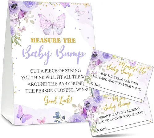 Vista 8 de Measure the Baby Bump - Juego de juego para baby shower, 1 letrero de pie con 50 tarjetas de adivinanzas, suministros de decoración de fiesta