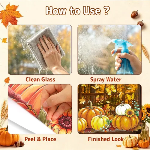 Vista 3 de Natonhi Adhesivos de ventana de otoño, calcomanías de girasol de calabaza Otoño-Naranja