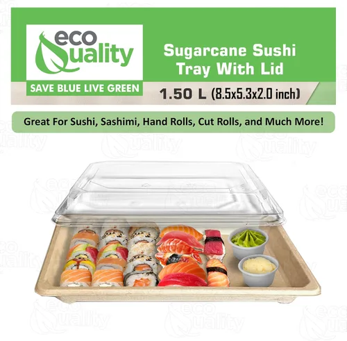 Vista 4 de EcoQuality Bandejas de sushi compostables extragrandes con tapas, contenedor de sushi natural de caña de azúcar, biodegradable, plato de sushi