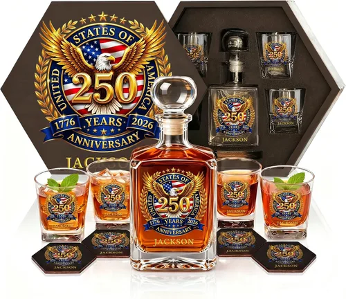 Vista 24 de Juego de decantadores de whisky personalizados para hombres, para el hogar, bar, decantadores de licor personalizados, caja de madera, vasos