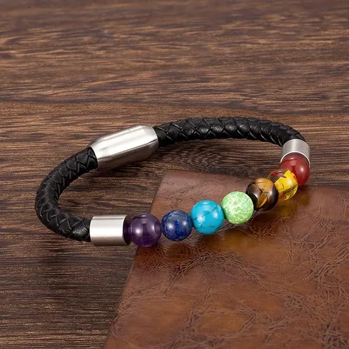 Vista 2 de Zboro - Pulsera de 7 chakras con cuero genuino para hombres y mujeres, cristal natural, curativo para la ansiedad, pulsera de meditación
