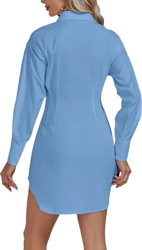 Vista 2 de LYANER Minivestido camisero acampanado de manga larga plisada con botones y cuello para mujer