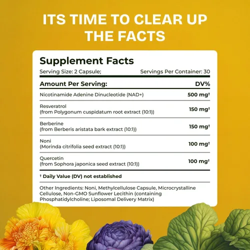 Vista 6 de Suplemento liposomal NAD para mujeres con Noni Suplemento de resveratrol NAD 5 en 1 con berberina y quercetina Alternativa al polvo puro NMN