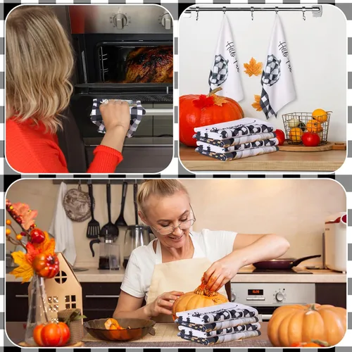 Vista 5 de Mixweer - 6 toallas de cocina de otoño de 16 x 24 pulgadas, toalla de mano de calabaza en blanco y negro de 16 x 24 pulgadas, paño absorbente