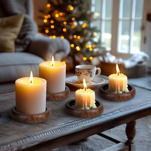 Vista 5 de Juego de 4 portavelas para velas de pilar, portavelas de madera de granja, soporte de vela de madera rústica, bandeja de velas decorativa para sala