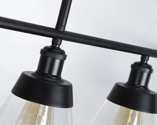 Vista 6 de Fivess Lighting Iluminación de Isla de Cocina Estilo Granja Negro de 3 Luces, Candelabro Lineal de Vidrio Texturizado Transparente, Varillas