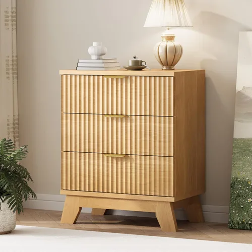 Vista 8 de Cómoda acanalada para dormitorio con 3 cajones, cómoda moderna de 24 pulgadas de ancho con mango de metal, soporte de TV de madera, armario de Negro