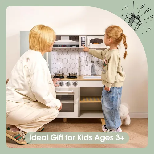 Vista 8 de Play Kitchen - Juego de cocina de juguete de madera para niños con luces y sonidos simulados, cocina de madera Montessori con fregadero, estufa