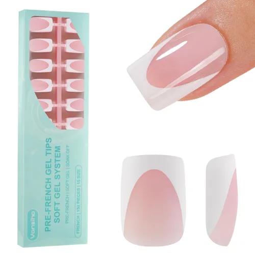 Vista 22 de Vansiho Uñas postizas de gel francés de almendra media, uñas suaves rosadas