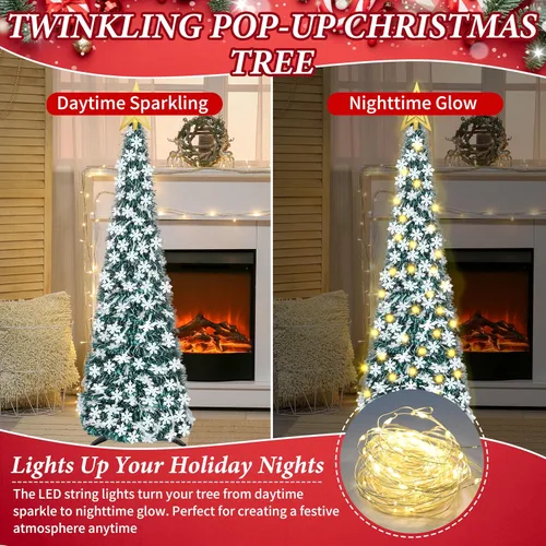 Vista 4 de Árbol de Navidad de escarcha desplegable de 1.5 m con 50 luces LED y control remoto, con estrella en la parte superior, fácil de montar con soporte