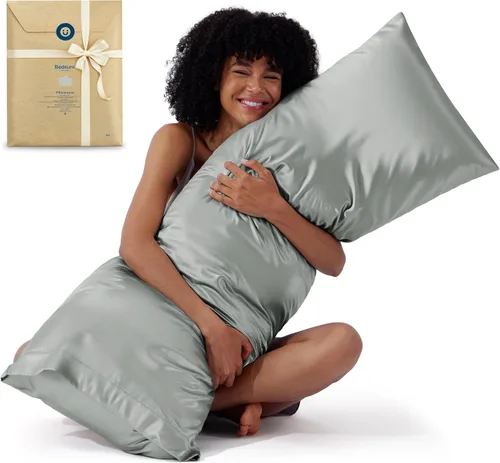 Vista 45 de Bedsure Paquete de 2 fundas de almohada de satén similares a las fundas de almohada de seda tamaño estándar, funda de almohada para mujeres que