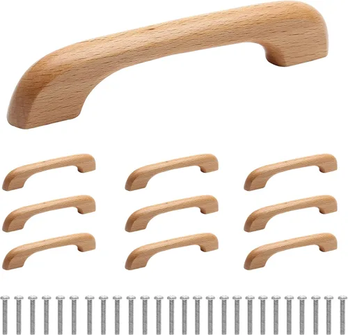 Vista 2 de Uenhoy 10 tiradores de madera natural para armarios y cajones de cocina, 5 pulgadas de largo, 3-3/4 pulgadas de espacio entre agujeros