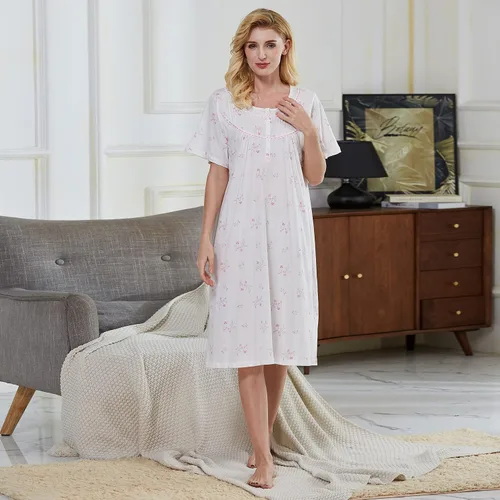 Vista 3 de Keyocean - Camisón de algodón para mujer, suave, cómodo, ligero, manga corta, vestido de casa, ropa de dormir, ropa de sala para verano.