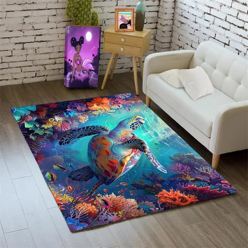 Vista 21 de Alfombra de tortuga marina con estampado de animales marinos y animales marinos, alfombra con estampado de tortugas marinas, para niños y niñas