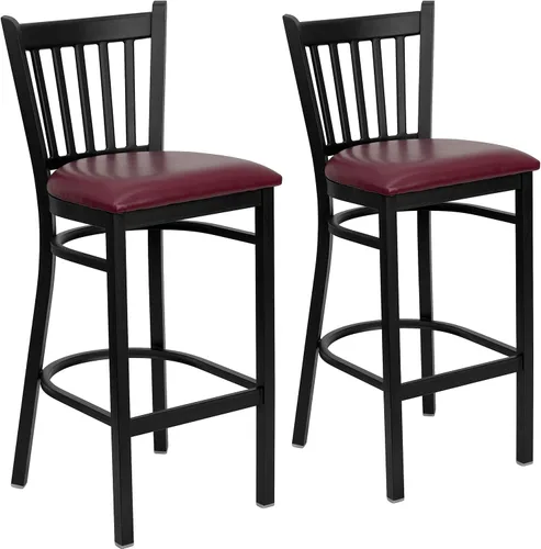 Vista 2 de Flash Furniture HERCULES Series Taburete de bar de metal con respaldo vertical negro para restaurante – asiento de vinilo burdeos